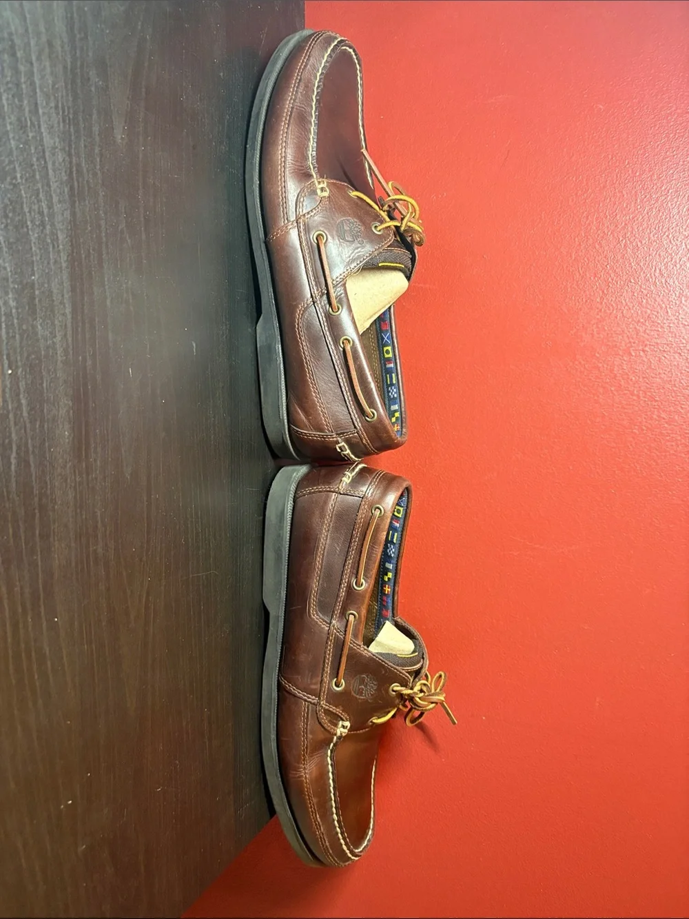 Timberland Brown Leather Boat Shoes with Yellow Laces
